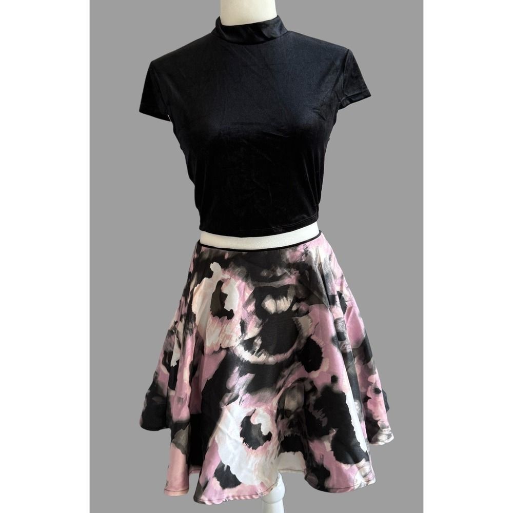 Y2K Velvet Crop Top Floral‎ Skirt Set Dress Party Formal Skater Whimsigoth XS/S